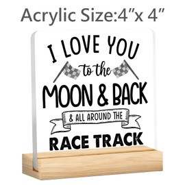 Love You To The Moon And Back And All Around The Race Track Clear Decorative Acrylic Sign Desk Decor,Farmhouse Racing Checkered Desk Sign for Home Boys Room Shelf Table Decor Decorations