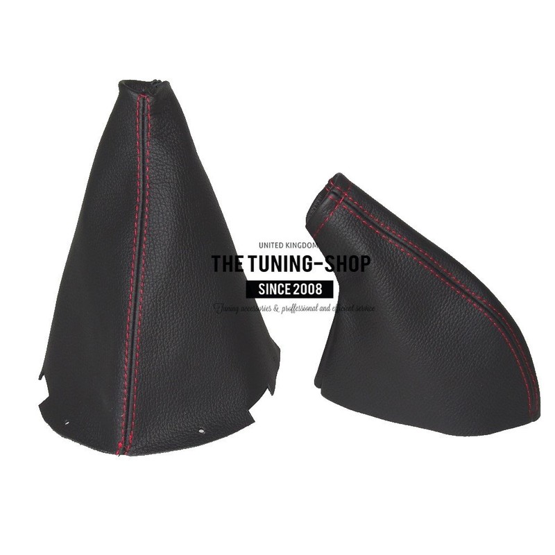 GEAR & HANDBRAKE GAITER BLACK LEATHER RED STITCHING