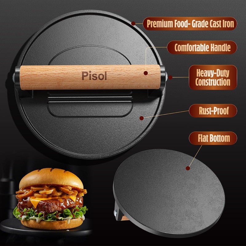 Pisol Smash Burger Press, Pre-Seasoned Cast Iron Hamburger Smasher, 2