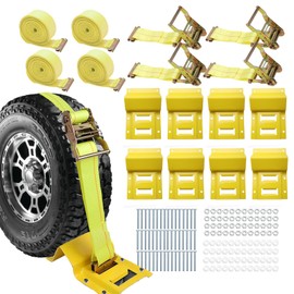 Allucky Wheel Chock Tie Down Kit 1500LBS for Trailer & Pickup Trucks - ATV, RZR, Lawn Mower, UTV Tie Down Straps -Heavy Duty Trailer Tire Straps System (4-Wheel Set)