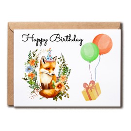 SNMDesigns Cute Fox Birthday Card - Modern Cartoon Animal Greeting - Congrats Fox Card - Blank Inside - 5 x 7 inches
