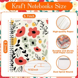 Fuutreo 12 Pcs Spiral Notebook for Work A5 8.3 x 5.7 Inch College Ruled Spiral Journal Notebook Kraft Cover Ruled Paper, 12 Color, 60 Sheets, 120 Pages for Office School(Floral Color)
