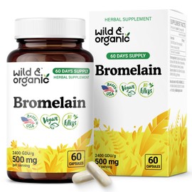 Wild & Organic Bromelain 500 mg Capsules - Digestive Support - Bromelain Powder Supplement - Pineapple Enzyme Source - Vegan, No Fillers, Non-GMO - 60 Count