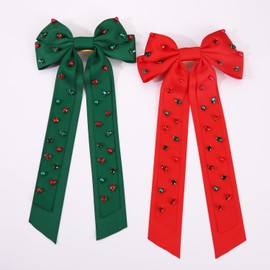 NLCAC 2PCS Christmas Hair Bows for Women Crystal Jeweled Green Red Hair Bows Hair Clip Festive Christmas Party Hair Accessories Holiday Decoration Gifts