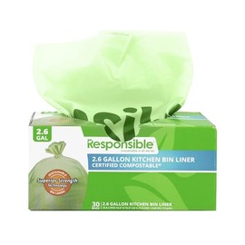 Responsible Products 2.6 Gallon Drawstring Kitchen Bin Liners, Certified Compostable, Heavy Duty Multipurpose Food Scrap Bags, Made from Compostable Materials (720 Count)