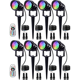 SUNVIE 12W RGB Color Changing Landscape Lights Low Voltage LED Landscape Lighting Remote Control Spotlight Waterproof Garden Pathway Christmas Decorative Lights Outdoor Indoor, 8 Pack with Connector