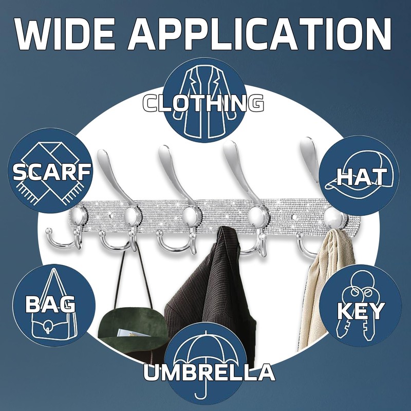 BlackFish Wall Mounted Coat Rack, Shiny Silver Rhinestones Five Heavy