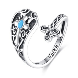 ONEFINITY Cross Spoon Ring 925 Sterling Silver Turquoise Cross Adjustable Ring Faith Jewellery Present for Women