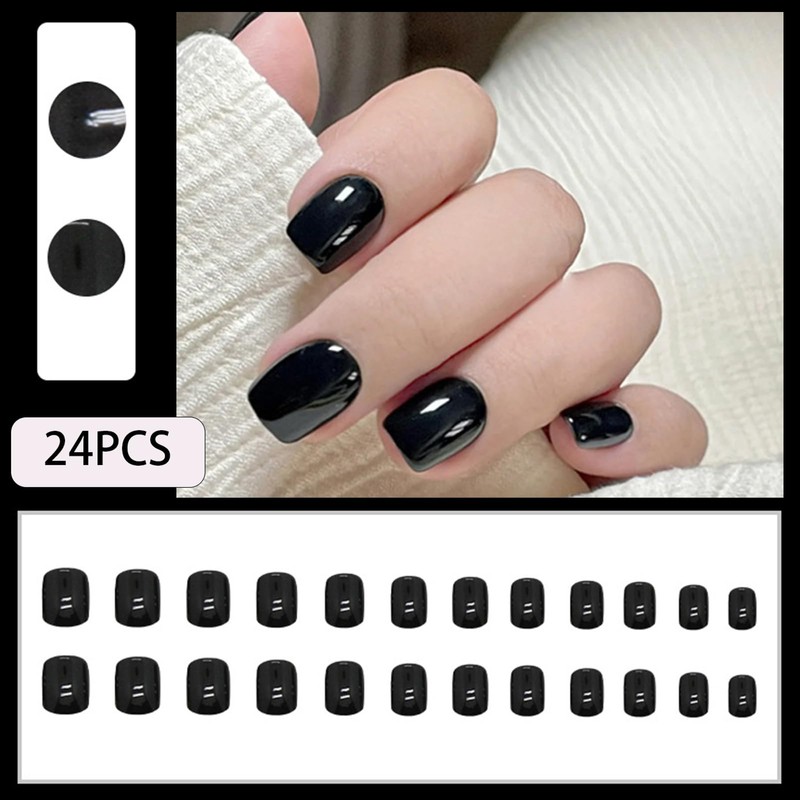 WAFOLOZE Black Press on Nails Short, 24pcs Nails Press on