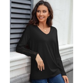Womens Long Sleeve Tops Lace V Neck Shirts Dressy Casual Side Split Loose Fit Knit Soft Comfy 2025 Fall Black S