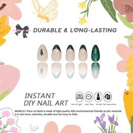 Christmas Press on Nails Short Almond MABKJLF Green French Tip False Nails with Christmas Tree Designs Glitter Full Cover Glossy Glue on Nails Xmas Acrylic Nails for Women Girls 24 Pcs