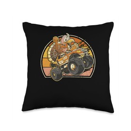 Pilgrim Costume Thanksgiving Shirt Turkey Meat Thanksgiving Day Dinner Turkey Riding Monster Truck Pilgrim Throw Pillow, 16x16, Multicolor
