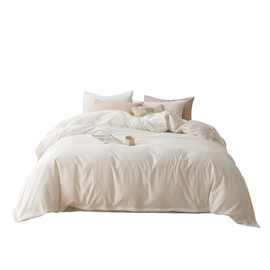 linenestbedding Duvet Cover Set Queen Size – 100% Washed Cotton, Ultra Soft and Lightweight, All Season Bedding with Zipper and Ties, Minimalist Neutral Style (Warm White, Queen (90"x90"))