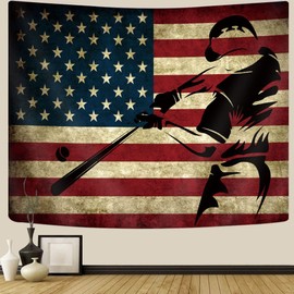 GOAOK Sports Tapestry For Boys Bedroom, Vintage American Flag Tapestry, Vintage Baseball USA Sports Theme Baseball Poster for Living Room Bedroom Dorm, 60X40In Red Brown Black