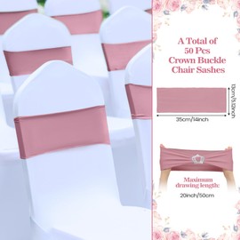 50 Pcs Stretch Chair Sashes with Crown Chair Sashes with Buckle Slider Wedding Elastic Cover for Party Bridal Baby Shower Ceremony Reception Banquet(Dusty Pink)