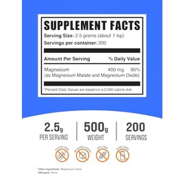 BulkSupplements. com Malato de magnesio en polvo – Suplementos de magnesio, alta biodisponibilidad – Sin sabor y sin gluten, 0.09 oz por porción, 500 g (1.1 lbs) (paquete de 1)