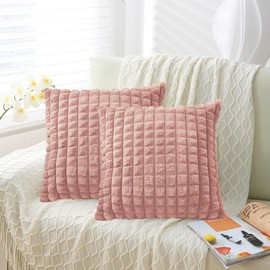 Hnayet Pack of 2 Faux Fur Cushion Covers 45 x 45 Plush Fluffy Decorative Square Throw Pillow Case for Sofa Couch Chair Livingroom Bedroom, 18 x18 Inch, Pink