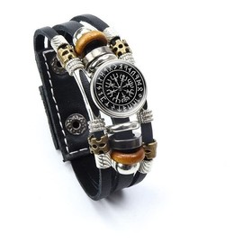 RICHARD-911 Pulsera Brazalete Brújula Vegvisir Vikingo Runa Celta Acero Cuero Piel Joyería Regalo Pareja Hombre Mujer
