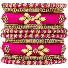 Aheli Royal Design Silk Thread Bangle Set Saree Matching Chuda Indian Traditional Wedding Fashion Jewelry Gift for Women Silk Rani Pink Faux Stone, Size 2.8"