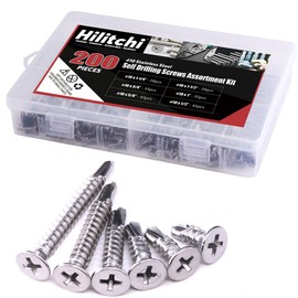 Hilitchi 410 Stainless Steel #10 Flat Head Phillips Self Drilling Screws Sheet Metal Tek Screws Assortment Kit, Modified Truss Head Self Driller - Size: #10 x 1/2'' - 1-1/2'' - Pack of 200