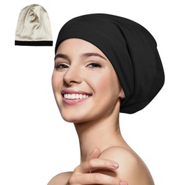Gorro de dormir 100% seda de morera con forro de satén para rastas de pelo rizado, tamaño de cabeza ajustable de 18 a 32 pulgadas, unisex, Negro, Talla única