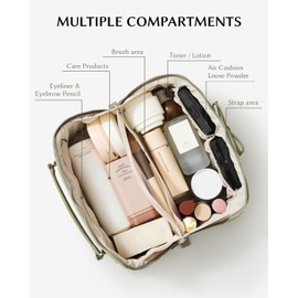 EACHY Makeup Bag, Large Capacity Cosmetic Bags for Women, Waterproof Pearl-Sheen PU Toiletry Bag with Flat-Open Design and Makeup Brush Organizer