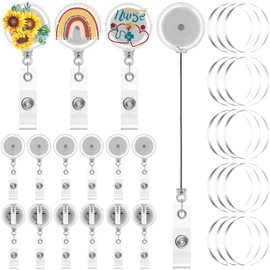 Sabary 30 Sets Retractable Id Name Badge Holder Reels with Alligator Clip DIY Clear Circle Acrylic Sheet 30 Blank Retractable Badge Clip 30 Acrylic Round Disc Cute Nurse Badge Reel for Nurse Teacher
