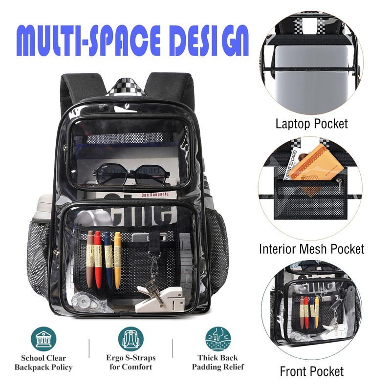 QONESSMAO Clear Backpack Heavy Duty -17 Inch Extra Large Bookbag,