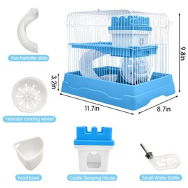 PINVNBY 2-Tier Dwarf Hamster Cage, Hamster Travel Cage Portable Mouse Cage with Running Exercise Wheels, Water Bottle and Food Dish for Hamster Mouse Rat 11.7 * 8.7 * 9.38 in (Blue