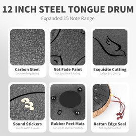 Steel Tongue Drum, 12 Inch 15 Note Tongue Drums, Handpan Drums Percussion Instrument for Kids & Adults, Hand Pan Drum with Music Book, Drum Mallets and Carry Bag, Major C (Black)