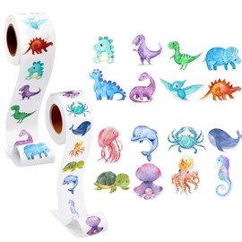 1000 Round Animal Stickers (16 Models), Adorable Stickers for Kids, Dinosaurs and Sea Animals