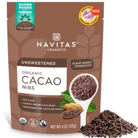 Navitas Organics Cacao Nibs – Unsweetened Dark Chocolate Crunch – Antioxidants, Minerals, Fiber – For Trail Mix, Baking & More – USDA Organic, Fairtrade, Non GMO, Gluten Free, Non-alkalized (4oz. Bag 38 Servings)
