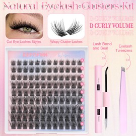 Eefofnn Natural Lash Clusters Kit Wispy Individual Lashes Kit D Curly Cluster Eyelash Extensions Kit Bond and Seal Lash Glue Tweezers Volume Eyelash Clusters Kit 8-16MM Lash Extension DIY at Home