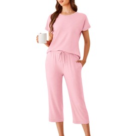 Ekouaer Women's Capri Pajama Sets Short Sleeve Tops and Capri Pants Sleepwear 2 Piece Pjs Sets with Pockets Light Pink Large