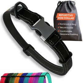 Black Dog Collar Small Dogs – Strong Reflective Adjustable Padded Dogs Collars - Metal Buckle, Aluminium V-ring, Dog Safety