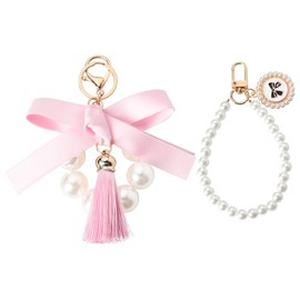 Sisadodo Bow Pearl Beaded Keychain Wristlet for Car Keys Pearl Bow Keychain Bracelets for Women Girls Pink Bow Tassel Keychains Set 2 PCS Purse Bag Charm Wristlet Keychain Accessories for Women Girls