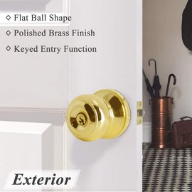 Probrico Polished Brass Keyed Alike Entry Door Knobs, Ball Door Knob Entrance Bedroom Door Lockset with Lock and Same Keys, 3 Pack