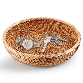 Hand-Woven Rattan Key Basket, Round Rattan Key Tray for Entryway Table, 11.8“ Large Rattan Basket Centerpiece Tray, Handmade Key Bowl Decorative Serving Tray for Coffee Table Home, Fruit Basket