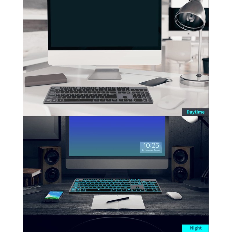 Wireless Backlit Keyboard, Rechargeable USB Silent Keyboard, 2.4G Cordless Full