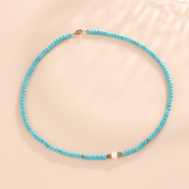 Boho Beaded Chocker Necklaces Pearl Turquoise Necklace Tiny Dainty Minimalist Turquoise Gemstone Beaded Jewelry for Women Girls