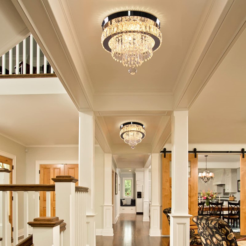 Finktonglan 11.8" Dimmable Crystal Ceiling Light with Remote, Mini Flush