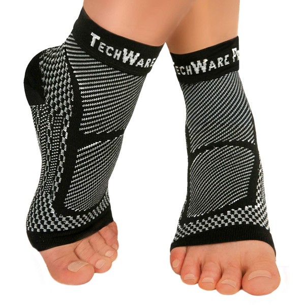 TechWare Pro Ankle Brace Compression Sleeve - Relieves Achilles Tendonitis, Joint Pain. Plantar Fasciitis Foot Sock with Arch Support Reduces Swelling & Heel Spur Pain. (Black, S/M)