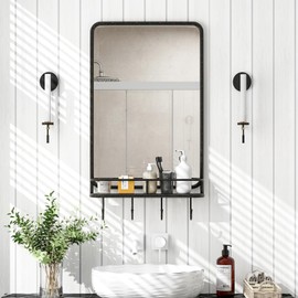 Tangkula Wall Mirror w/Shelf & 4 Hooks, Rectangle Vintage Mirror, Metal Frame & Round Corner, Farmhouse Wall Mirror for Bathroom, Living Room, Entryway (Black & Coppery Speckles)