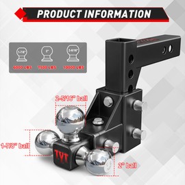 TYT Adjustable Tri-Ball Trailer Hitch for 2 inch Receiver, 5" Drop/Rise, Triple Balls (1-7/8", 2", 2-5/16"), 10,000 lbs GTW, 1,000 lbs TW, Includes Hitch Pin Lock & Tri Pins