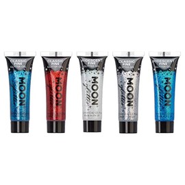 Fine Face & Body Glitter Gel by Moon Glitter - Jubilee Union Jack Queen Set of 5 Colours - Cosmetic Festival Glitter Face Paint for Face, Body, Hair, Nails - 12ml