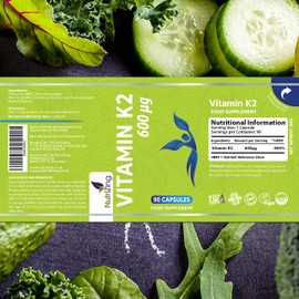 NutriZing K2 Vitamin Supplement MK-7 - High Strength 600mcg - Supports Bone & Arterial Health - 90 Vegan Capsules - Vitamin K2 for Men & Women - 3 Month Supply