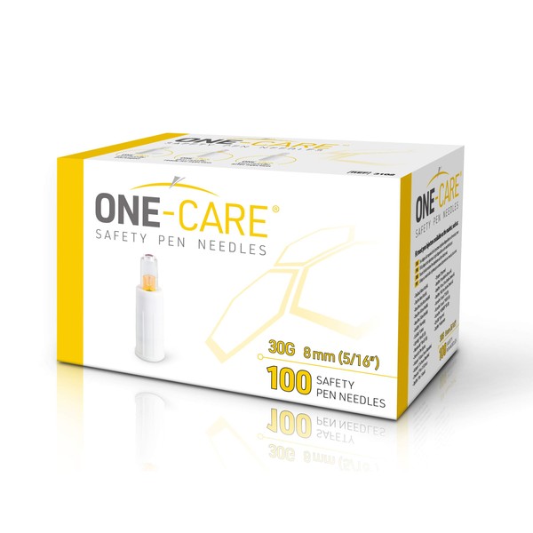 MediVena ONE-CARE Safety Pen Needles, 30G, 8mm, Box of 100, Safe Injection, Compatible with Most Pen injectors