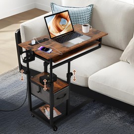 FAHKNS C Table with Wheels, Adjustable Couch Table with Charging Station, Couch with Cup Holder, Sofa Bedside Laptop Stand C Shaped TV Tray with Storage Shelves