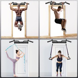 SELEWARE Heavy Duty Wall Mounted Doorway Pull Up Bar Fully Welded Multifunctional Chin Up Bar with with Resistance Band Hooks & Ball Finger Training, 500LB Capacity Support Beam or Joist Mount