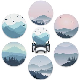 Drink Coasters Set of 6 with Holder,Misty Forest Mountains and Birds Absorbent Ceramic Coasters with Cork Base,Fit All Cups,Tabletop Protection Mat for Mugs and Cups,Office,Kitchen